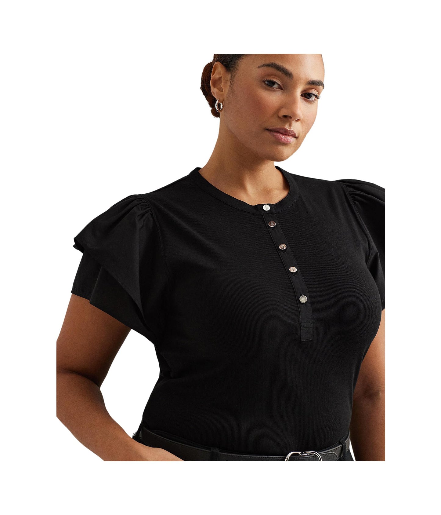 Lauren Ralph Lauren Plus-Size Stretch Cotton Flutter-Sleeve Henley Top Black 1X