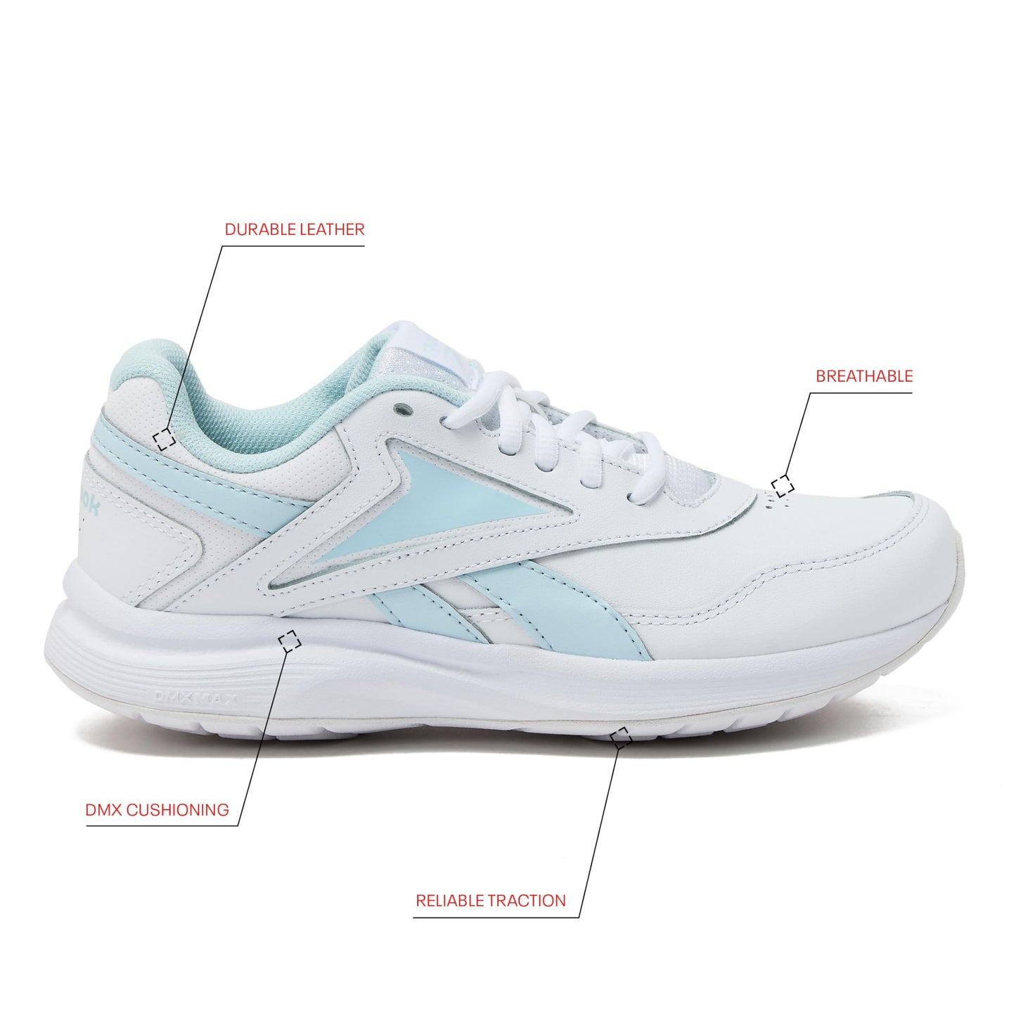 Reebok Walk Ultra 7 DMX Max Walking Womens Shoes, Athletic Black or White Sneakers for Women, Size 5 to 12 Womens Tennis Shoes, White/Glass Blue/Collegiate Royal, 9.5