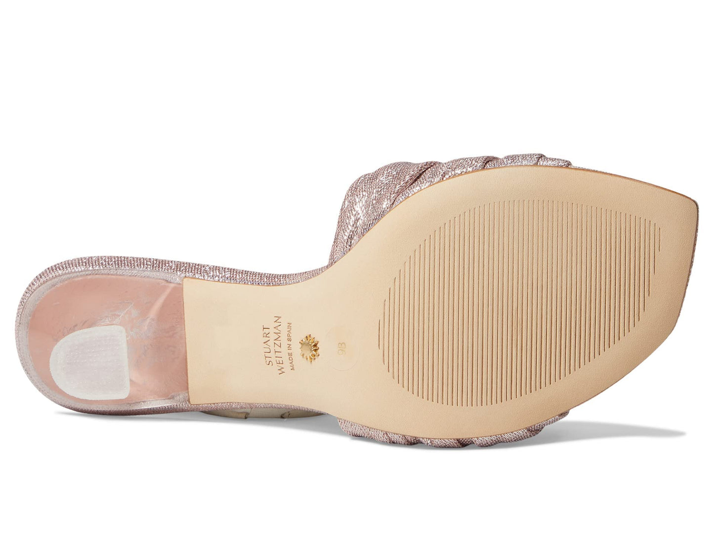 Stuart Weitzman Ruche 75 Slide Heels for Women - Shimmery Textile Upper with Slip-on Style, Festive Wear Comfortable Heels Poudre 9.5 B