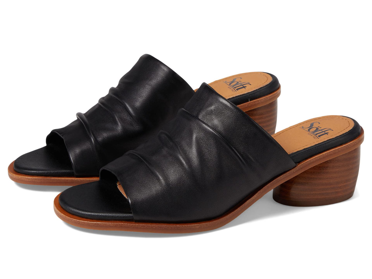 Sofft Chrissie - Heels for Women - Supple Ruched Leather Upper - Round Open Toe - Rounded Stacked Heel Black 10 M (B)