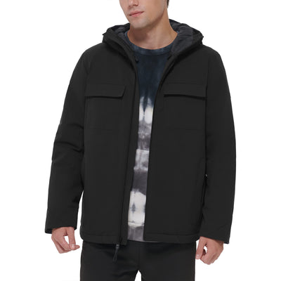 DKNY Men's Performance Tech Hooded Modern Storm Coat, Black Filled, X-Large