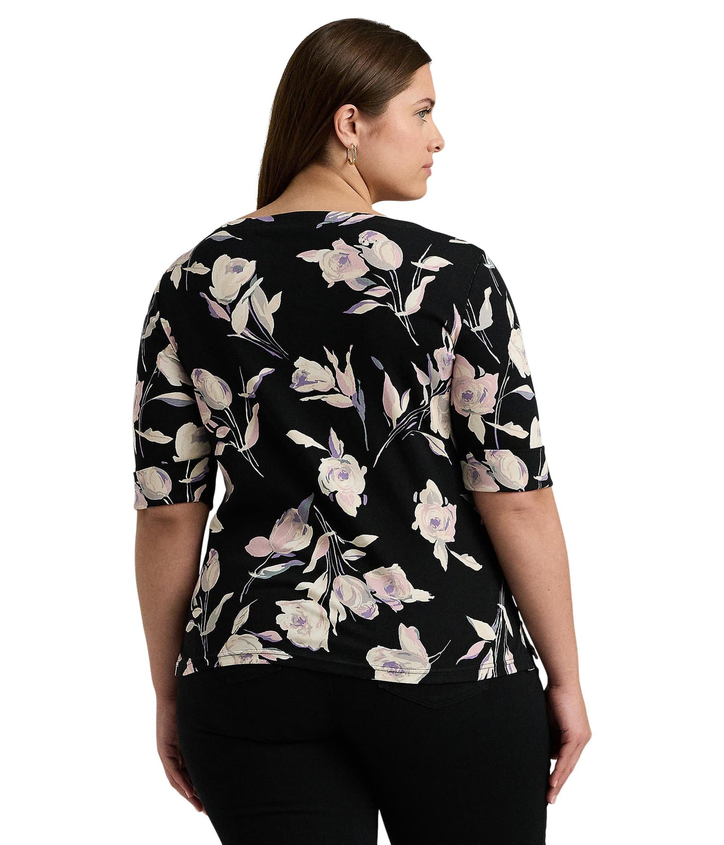 Lauren Ralph Lauren, Womens, Plus-Size Floral Stretch Cotton Boatneck Tee, Black/Cream Multi, 3X