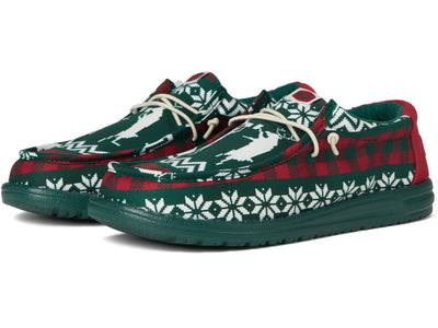 Hey Dude Wally Holiday Cheers - Loafers for Men - Textile Upper - Elastic Laces - Synthetic Outsole Green/Multi 10 M