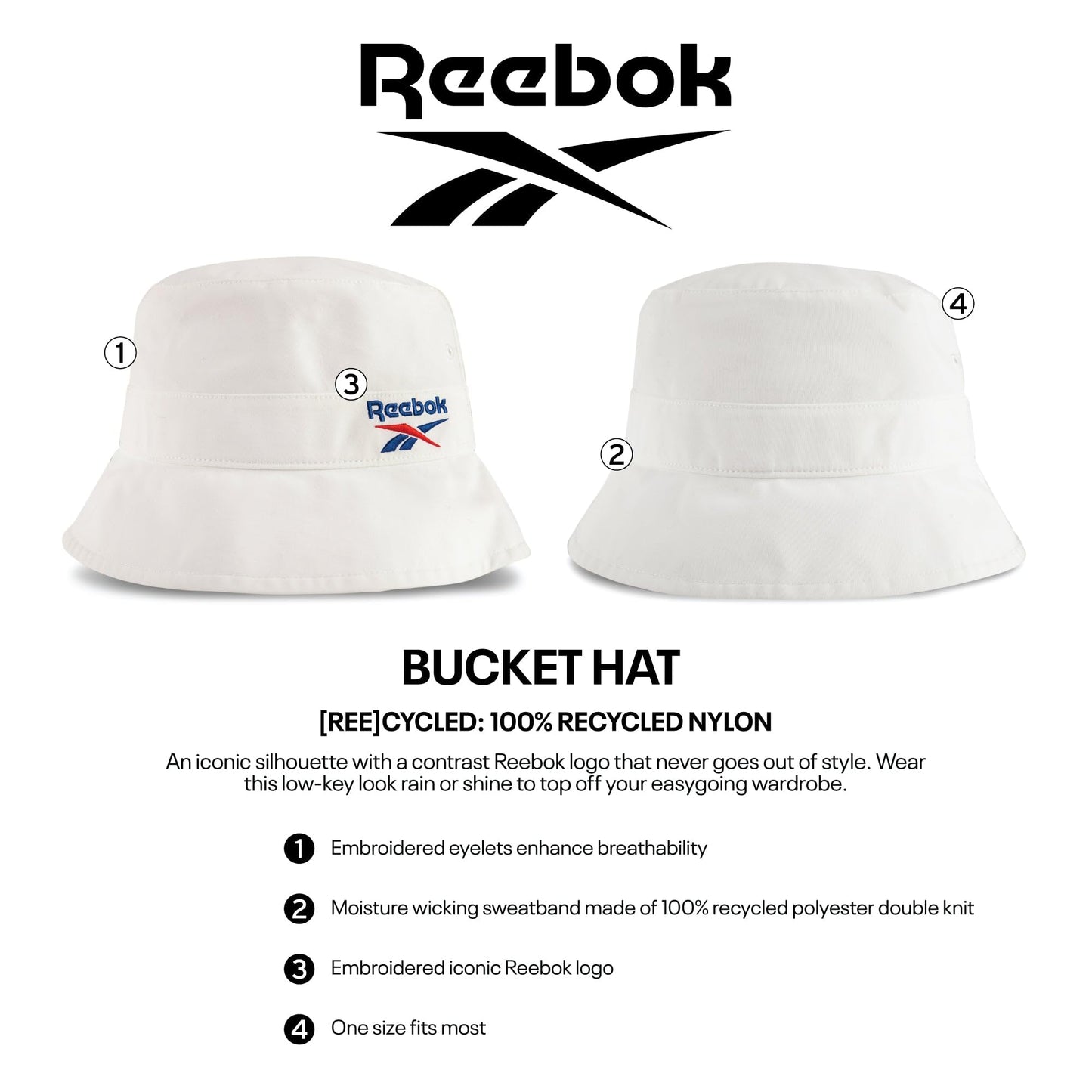 Reebok Classic Bucket Hat | Mens | Womens | Sun Protection | Athletic | Lightweight | Retro | Streetwear - White