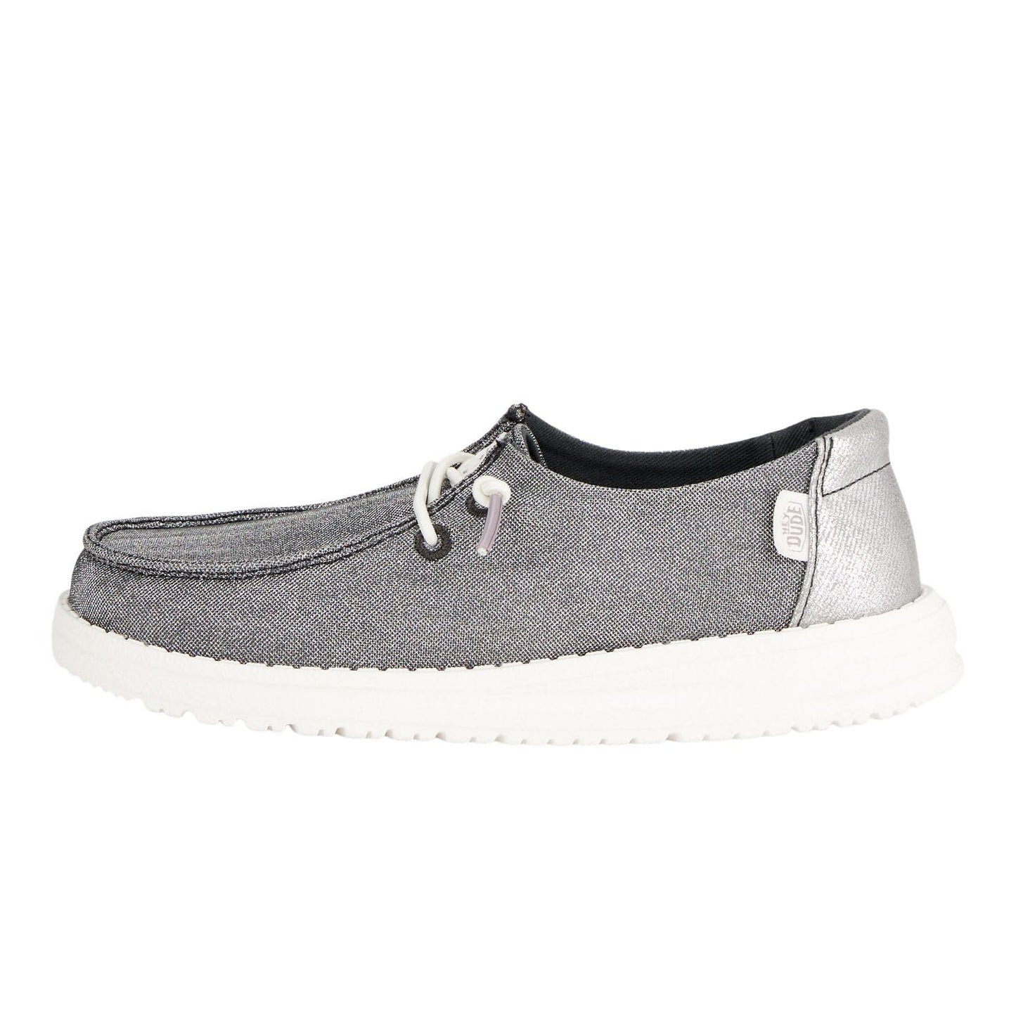 HEYDUDE Girl's Youth Wendy Metallic Sparkle Slip On Shoe, Charcoal Size 6 | Glitter Upper | Easy On Elastic Lace Sneaker