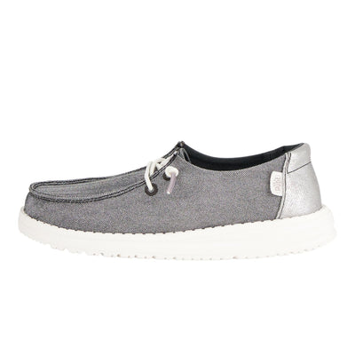 HEYDUDE Girl's Youth Wendy Metallic Sparkle Slip On Shoe, Charcoal Size 6 | Glitter Upper | Easy On Elastic Lace Sneaker
