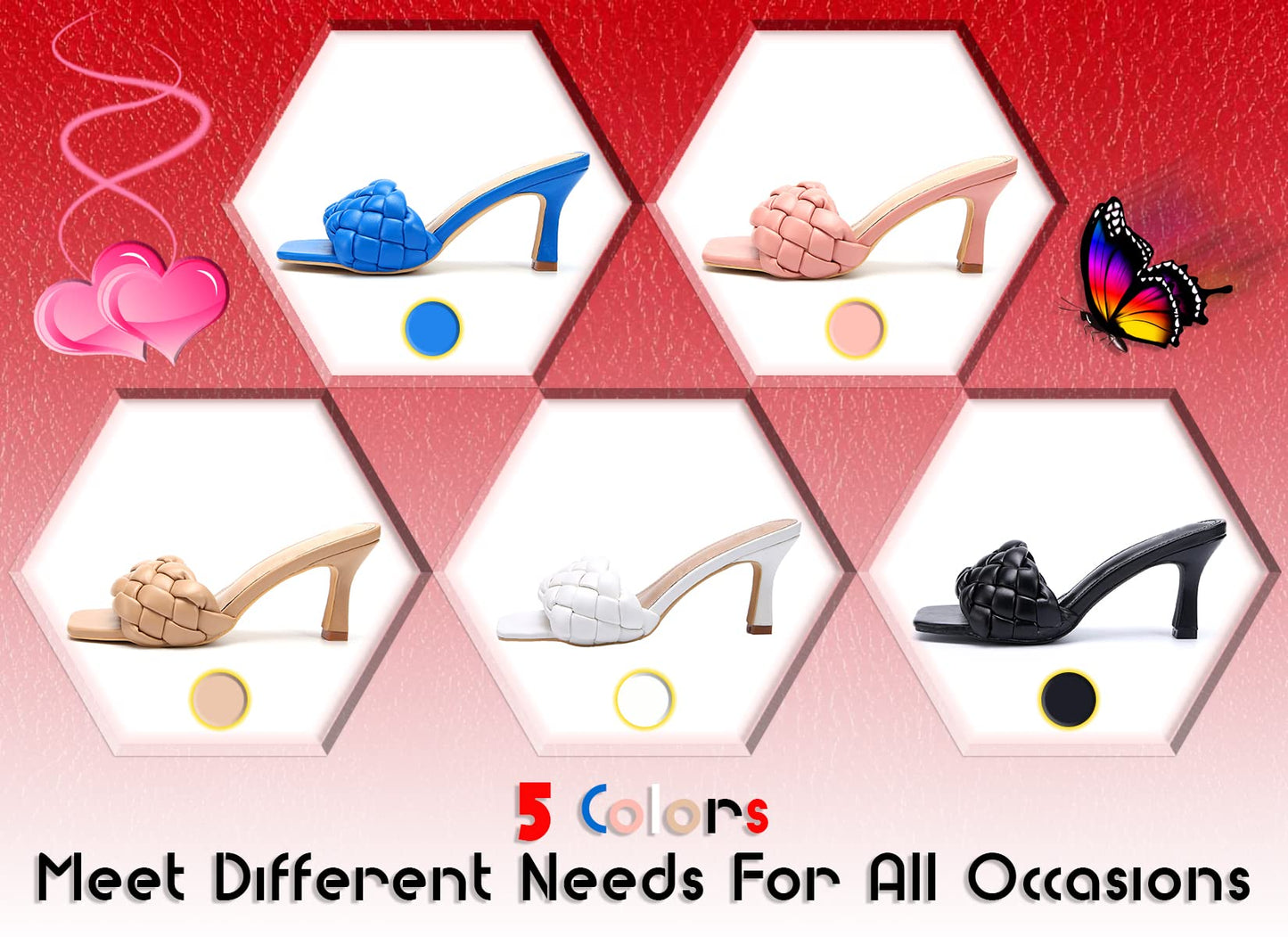 Braided Sandals For Women Heeled Sandals Slip On Stiletto Heels Slides Casual Shoes Square Toe Backless Chunky Woven Leather Strappy Dress Pumps Mules Summer Party Beach Non-Slip Xi Blue 6