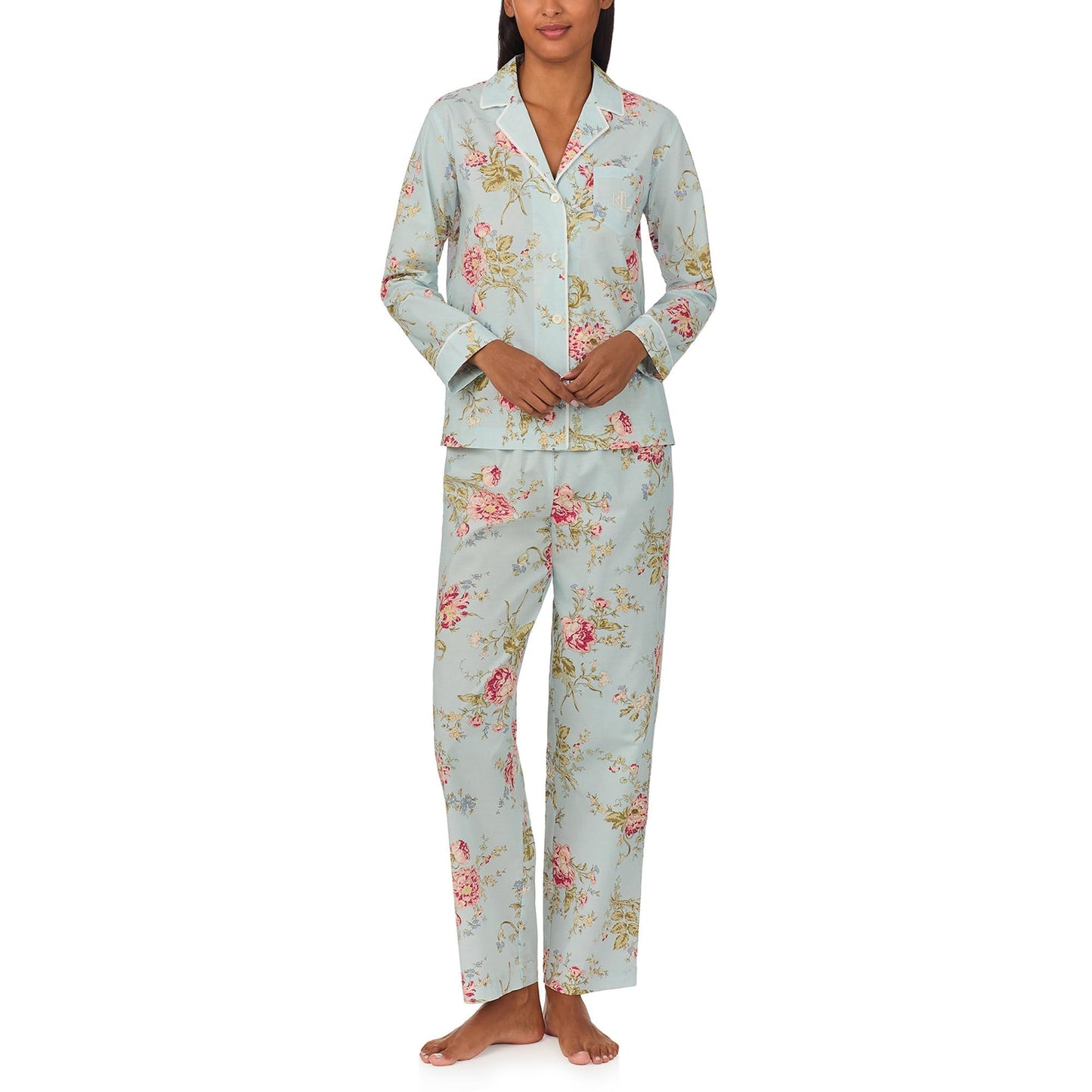 Lauren Ralph Lauren Womens Long Sleeve Woven Notch Collar Pajama Set Mint Floral M