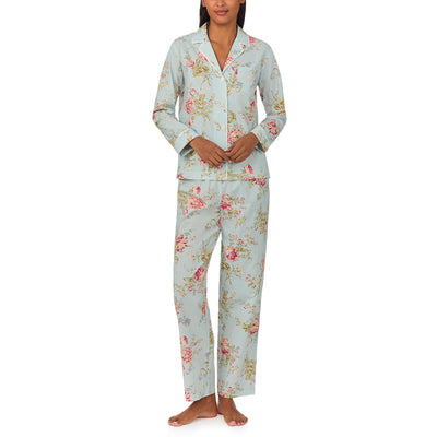 Lauren Ralph Lauren Womens Long Sleeve Woven Notch Collar Pajama Set Mint Floral M