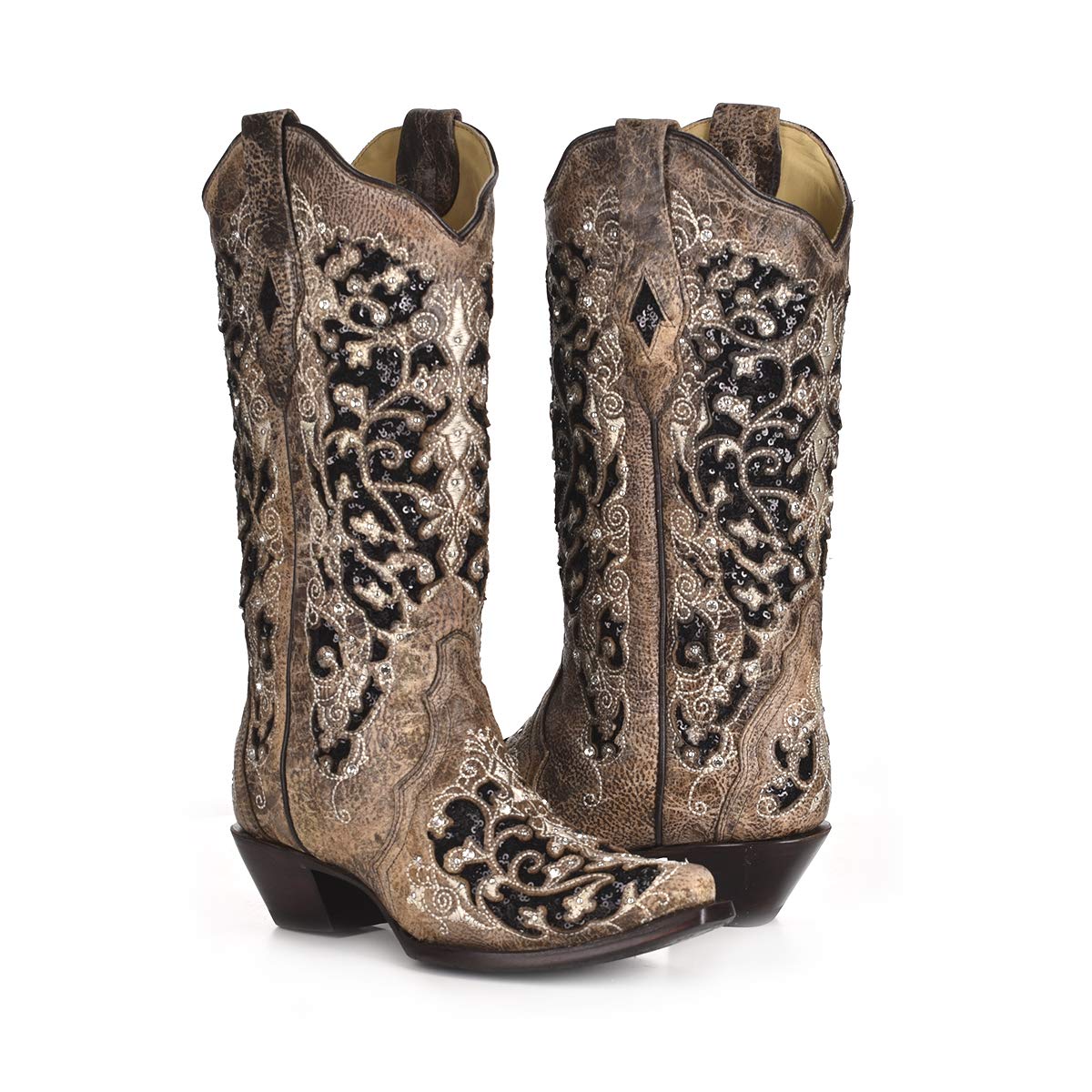 Corral Boots Women's Black Floral Western Boots | Snip Toe Cowboy Boots with Glitter Inlay, Crystal and Stud Embellishments