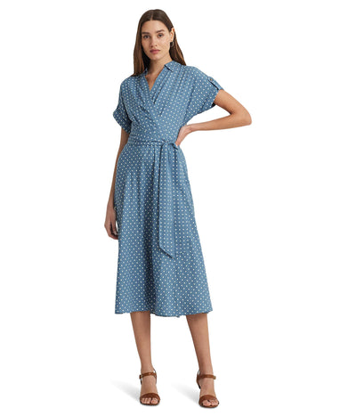 Lauren Ralph Lauren, Women's, Polka-Dot Belted Crepe Dress, Blue/Cream, 16