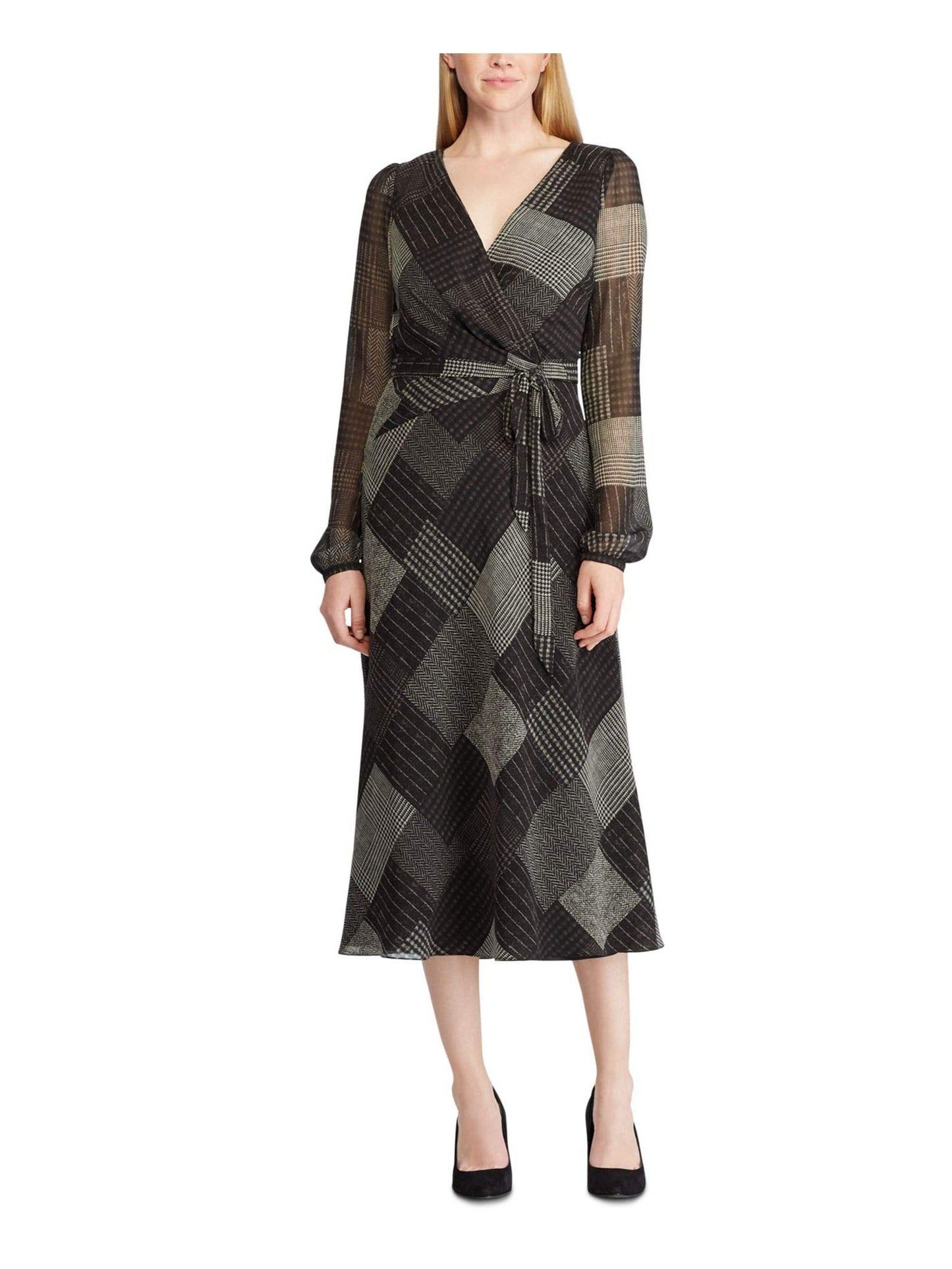 LAUREN RALPH LAUREN Womens Franny Patchwork Faux Wrap Cocktail Dress Black 2