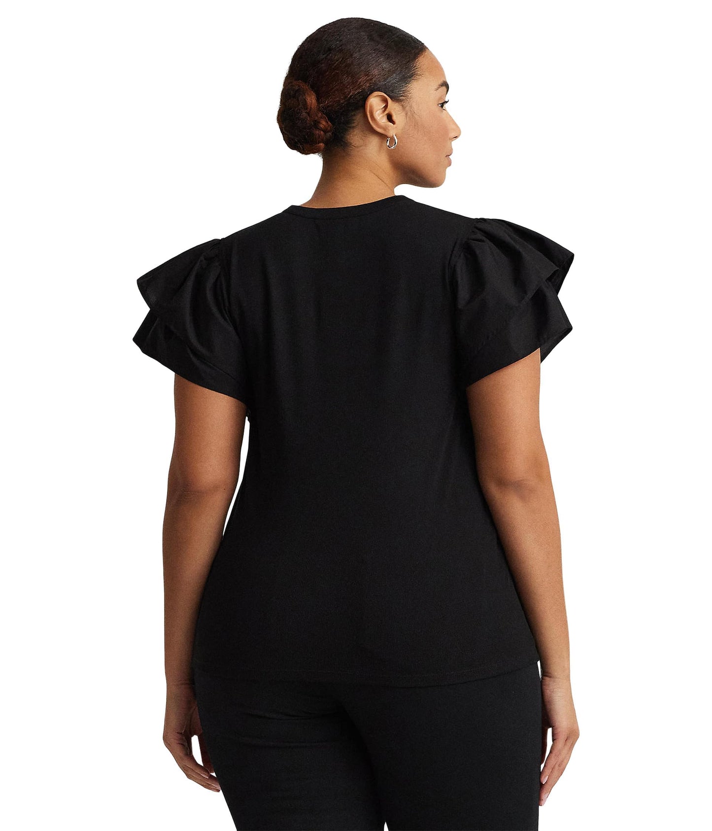 Lauren Ralph Lauren Plus-Size Stretch Cotton Flutter-Sleeve Henley Top Black 1X