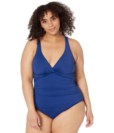 Lauren Ralph Lauren Beach Club Solids Twist Over-The-Shoulder Underwire One-Piece Sapphire 6