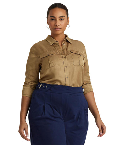 Lauren Ralph Lauren Womens Plus-Size Satin Shantung Shirt Burnished Tan 1X