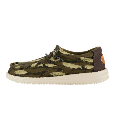 Hey Dude Boy's Wally-Y Fish Camo Olive Size 6 | Youth's Shoes | Youth Slip-on Loafers | Comfortable & Light-Weight