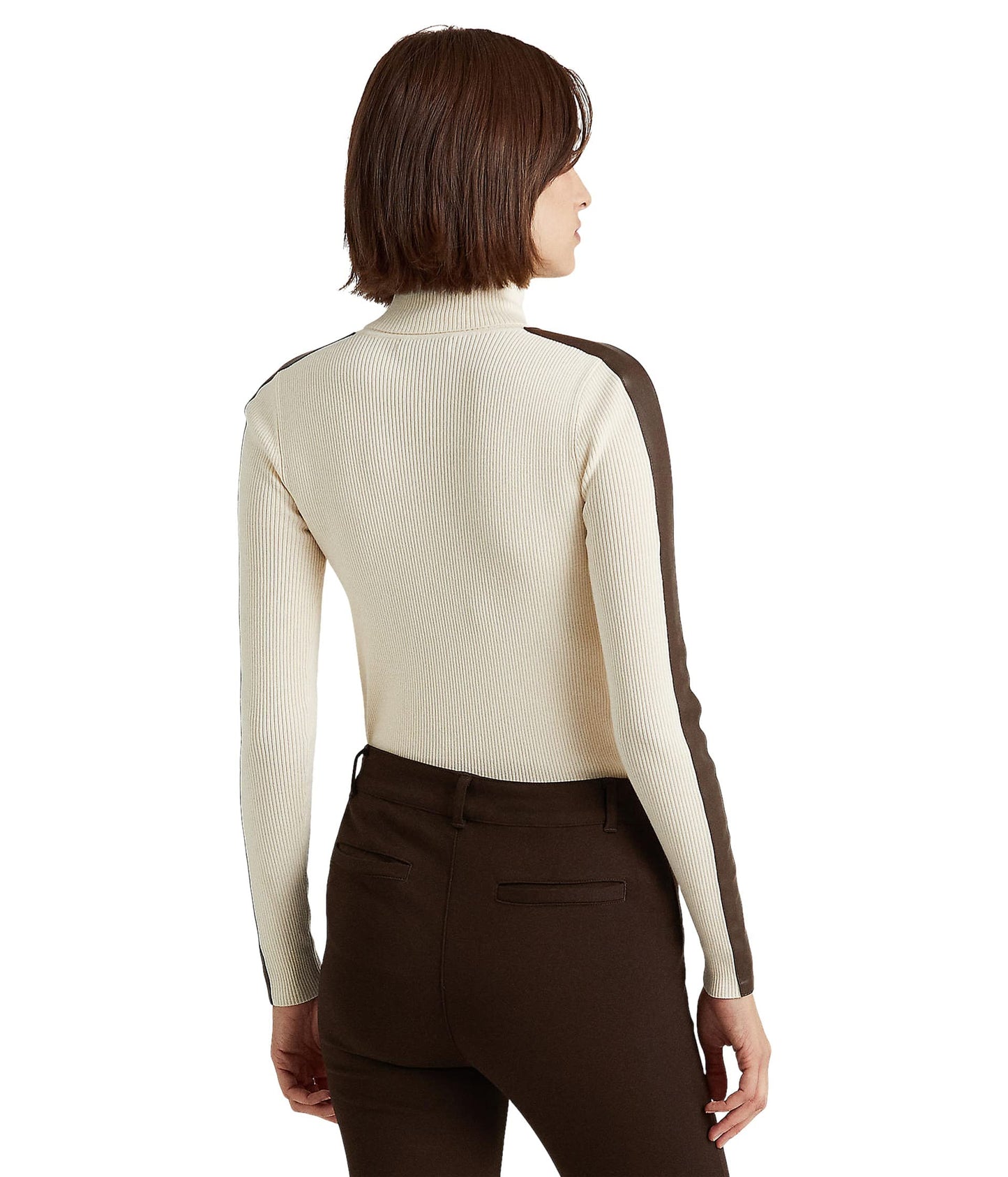 Lauren Ralph Lauren Faux-Leather-Trim Turtleneck Sweater Mascarpone Cream/Chocolate LG
