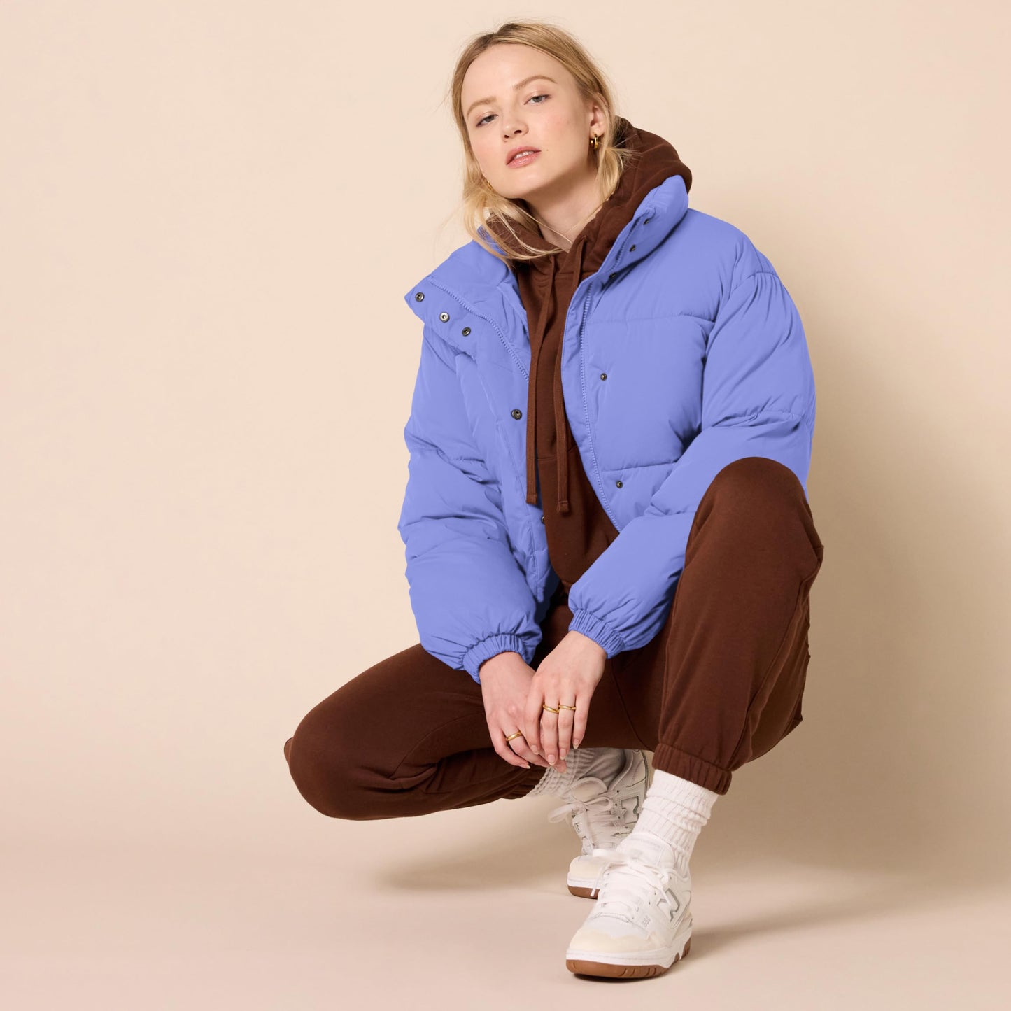 Amazon Essentials Women's Cropped Full-Zip Puffer Jacket (Quilted Matte or Sherpa Fleece), Purple Blue, Large