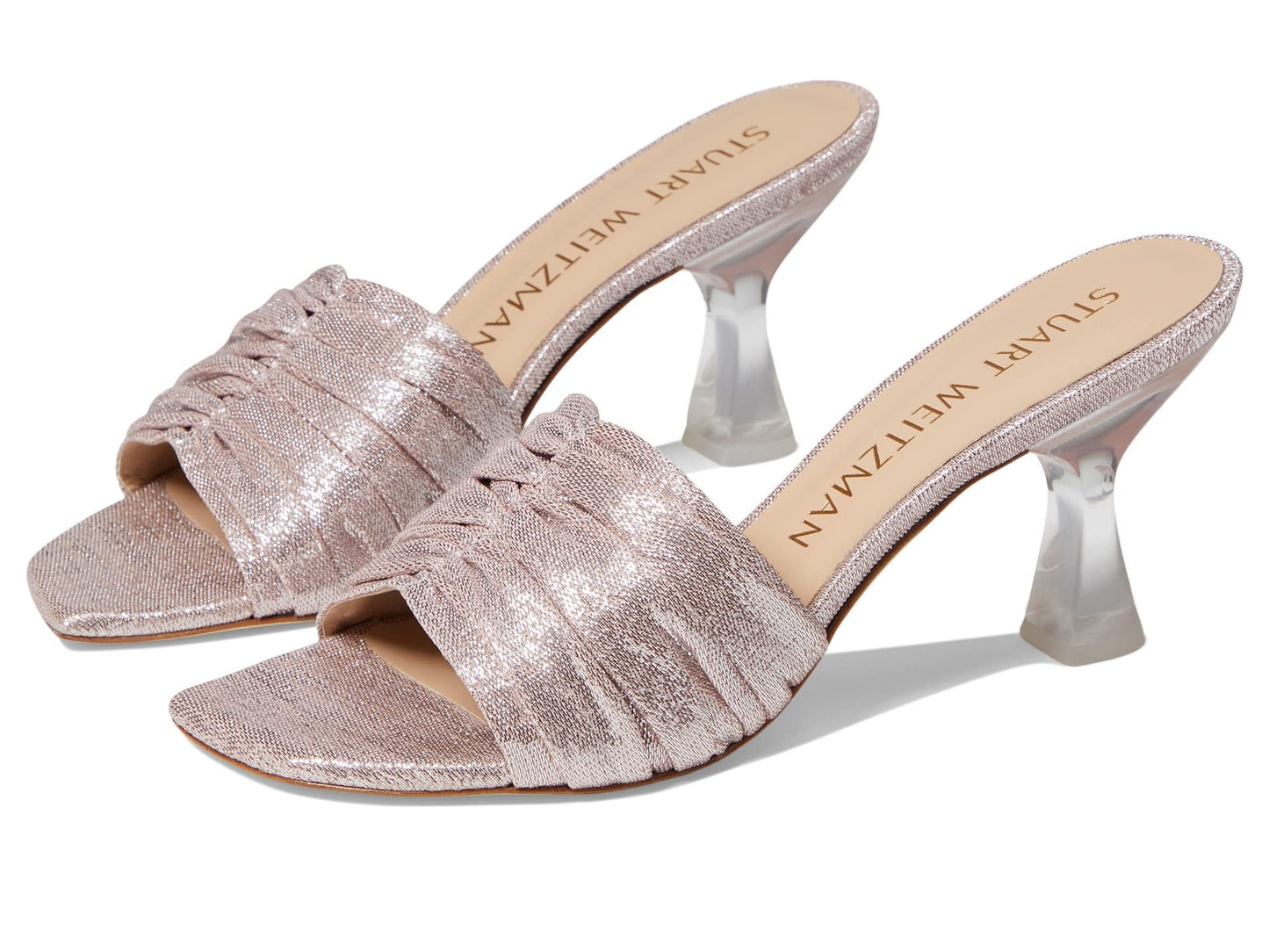 Stuart Weitzman Ruche 75 Slide Heels for Women - Shimmery Textile Upper with Slip-on Style, Festive Wear Comfortable Heels Poudre 9.5 B