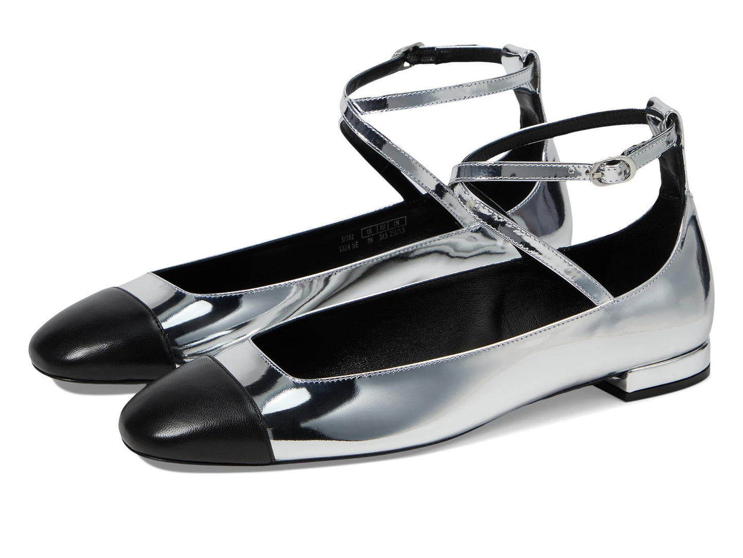 Stuart Weitzman Women's Eden Strap Flat, Silver/Black, 6