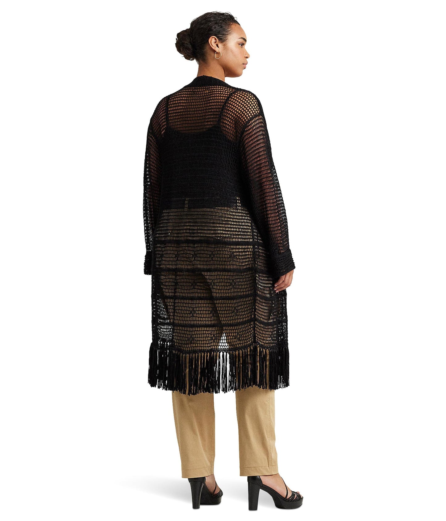 Lauren Ralph Lauren Womens Plus-Size Pointelle-Knit Linen-Blend Cardigan Black 2X