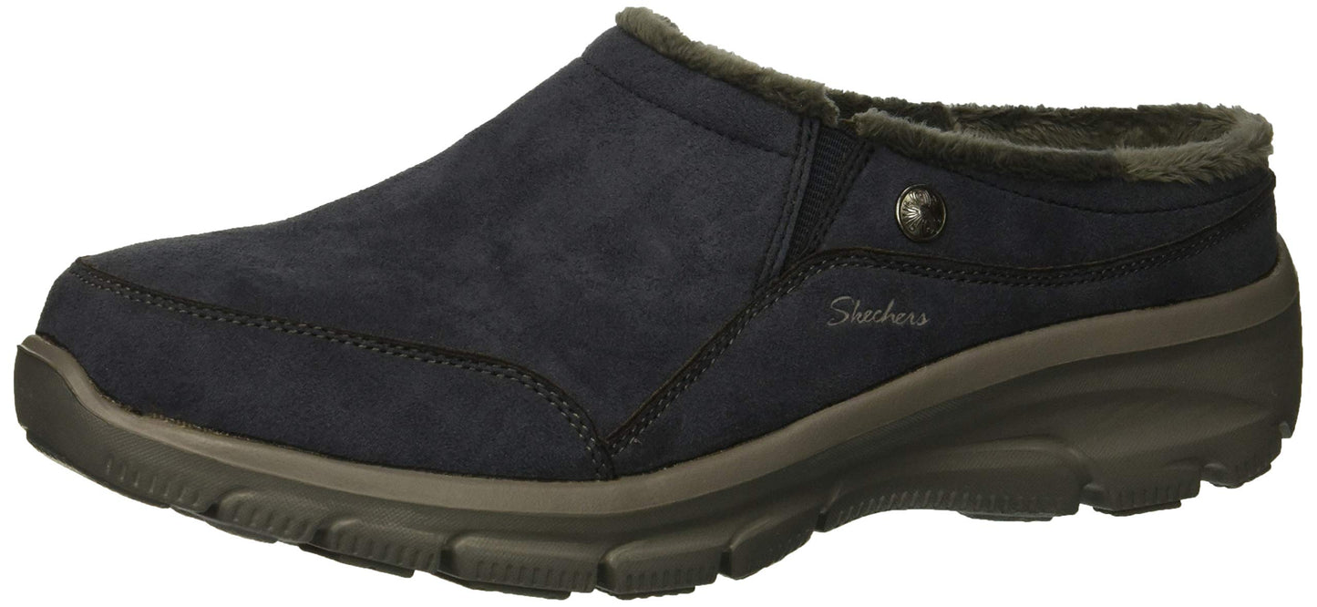 Skechers Women's Clogs - Relaxed Fit: Easy Going - Latte-Twin Gore Open Back Suede Fur Slip-On Clogs with Air Cooled Insole Mule, Navy, 9