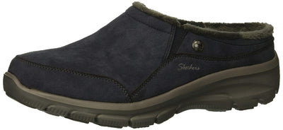 Skechers Women's Clogs - Relaxed Fit: Easy Going - Latte-Twin Gore Open Back Suede Fur Slip-On Clogs with Air Cooled Insole Mule, Navy, 9