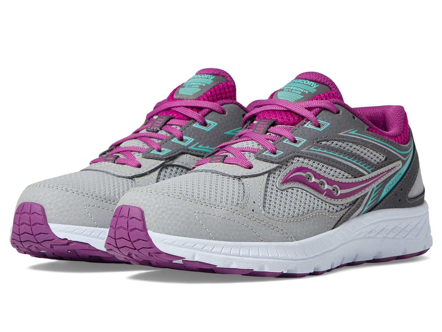 Saucony Cohesion 14 Lace to Toe Running Shoe, Grey/Magenta/Turq, 1.5 US Unisex Big Kid