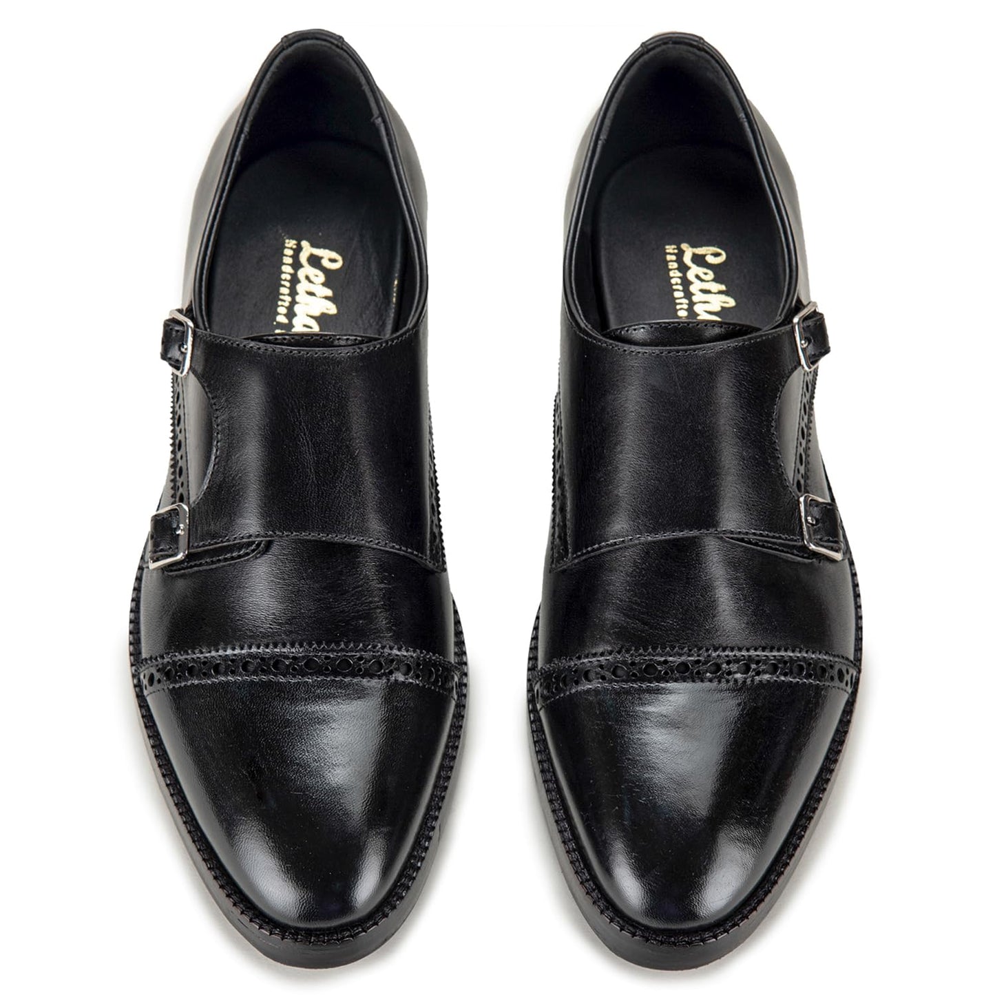 Lethato Handcrafted Men's Captoe Double Monk Strap Genuine Leather Modern Classic Dress Shoes- Black
