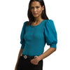 Lauren Ralph Lauren Women's Pointelle Puff Sleeve Henley Tee Turquoise Sky X-Large