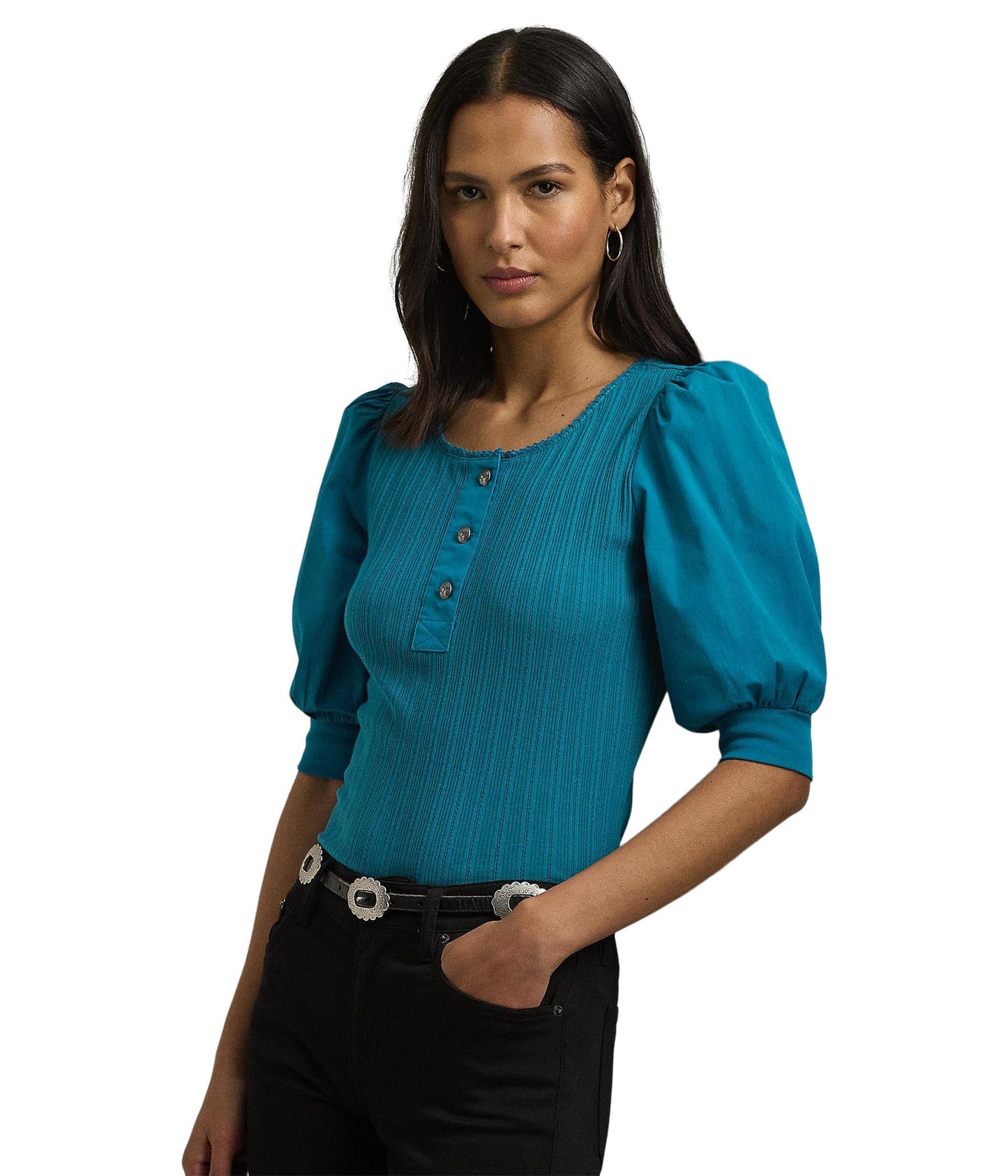 Lauren Ralph Lauren Women's Pointelle Puff Sleeve Henley Tee Turquoise Sky X-Large