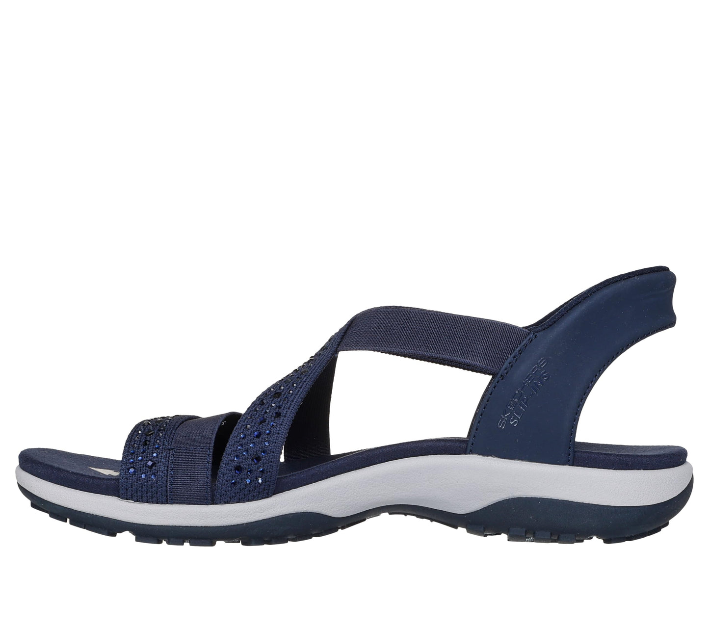 Skechers Women's REGGAE SLIM - SUMMER SPARKLE, Hands Free Slip-Ins Jeweled Stretch Knit Sandal, Navy, 12M