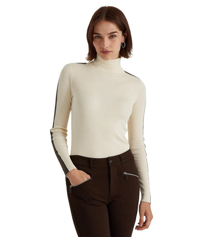 Lauren Ralph Lauren Faux-Leather-Trim Turtleneck Sweater Mascarpone Cream/Chocolate LG