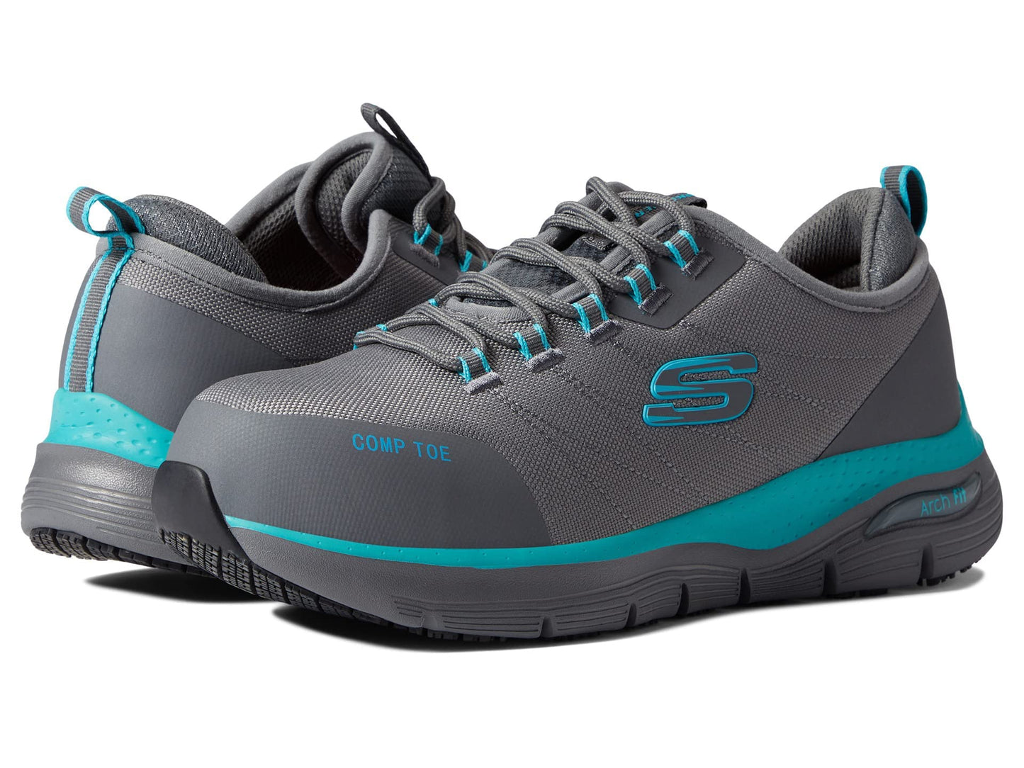 Skechers Work Arch Fit SR Composite Toe - Sneakers for Women - Padded Tongue - Rubber Traction Outsole Gray/Aqua 8.5 B - Medium