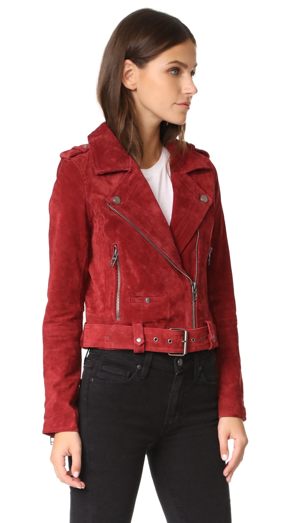 [BLANKNYC] womens Luxury Clothing Cropped Suede Leather Motorcycle Jackets, Comfortable & Stylish Coats, Red My Mind, Small