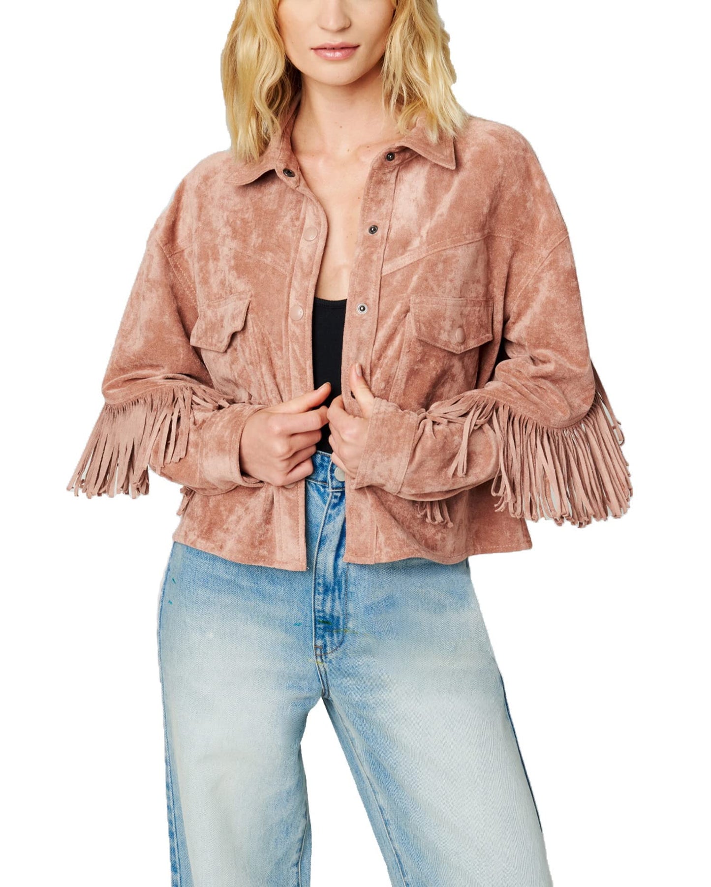 [BLANKNYC] Womens Luxury Clothing Faux Suede Fringe Shirt Jacket, Comfortable & Stylish Coat, Dusty Rose, Medium