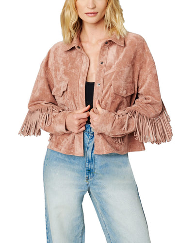 [BLANKNYC] Womens Luxury Clothing Faux Suede Fringe Shirt Jacket, Comfortable & Stylish Coat, Dusty Rose, Medium