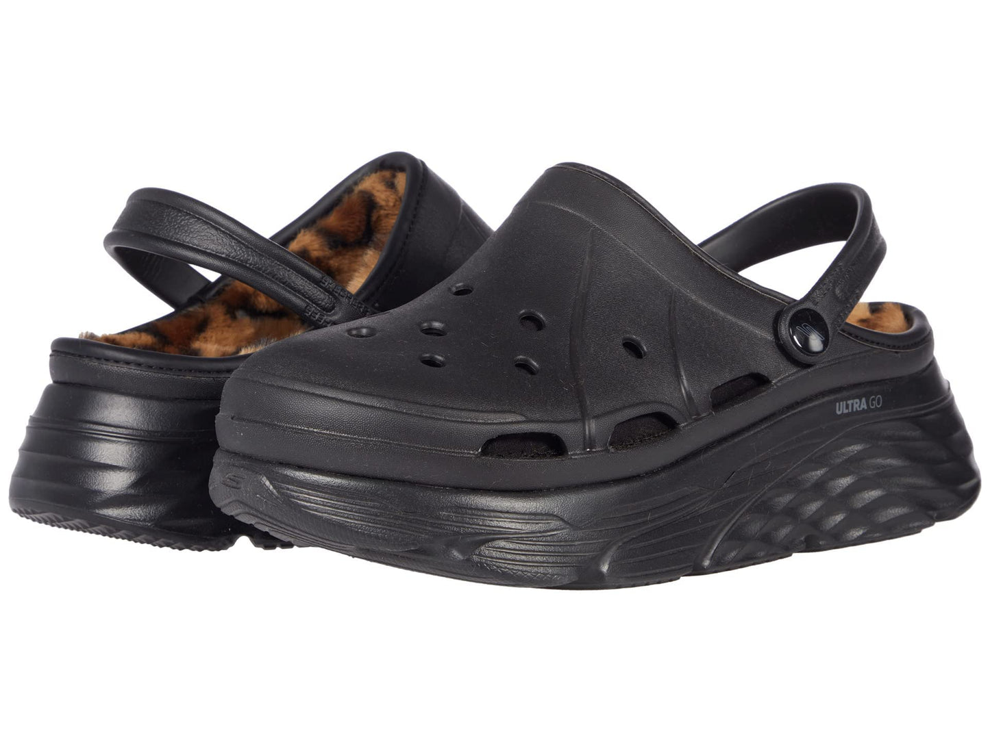 Skechers Foamies Max Cushioning Tiger Eye Clog w/Leopard Print Faux Fur Black 6 B (M)