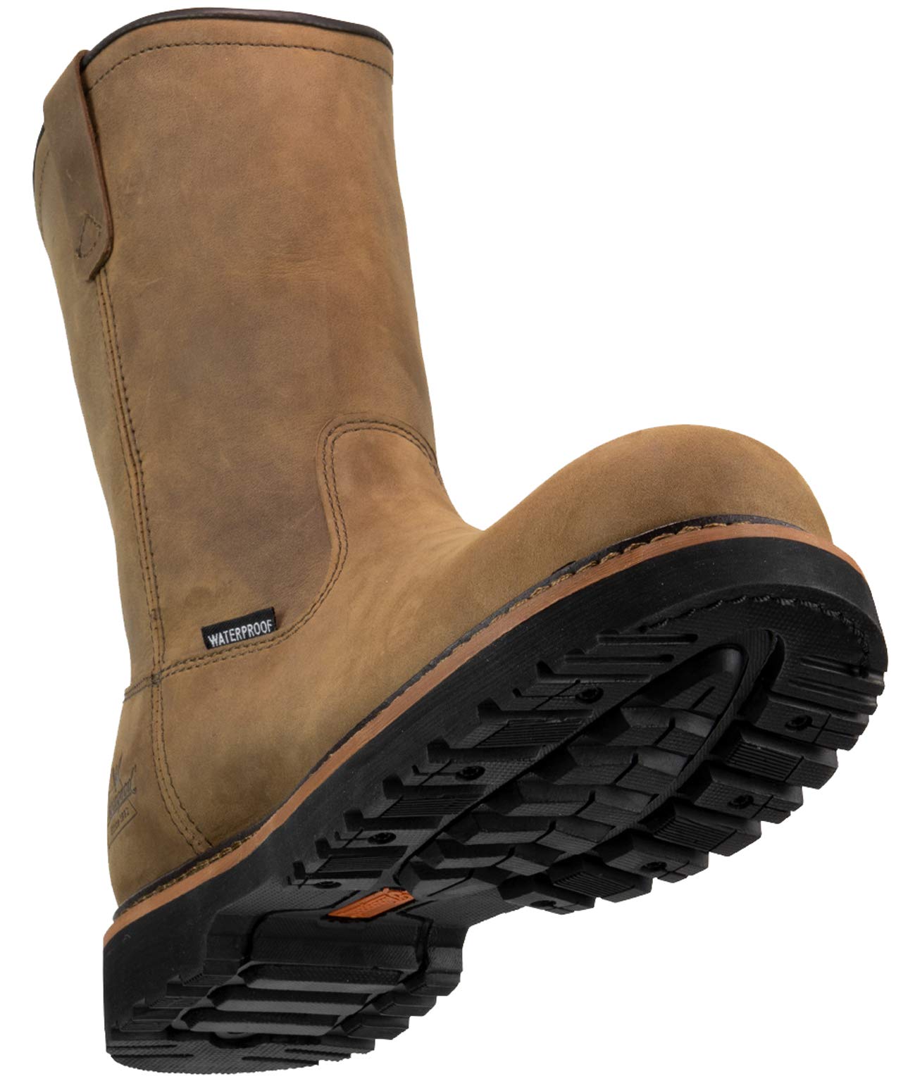 Thorogood V-Series 11” Waterproof Pull On Wellington Boots for Men - Premium Leather with Composite Safety Toe, Comfort Insole, and Chevron Traction Outsole; ASTM Rated, Crazy Horse - 8 W
