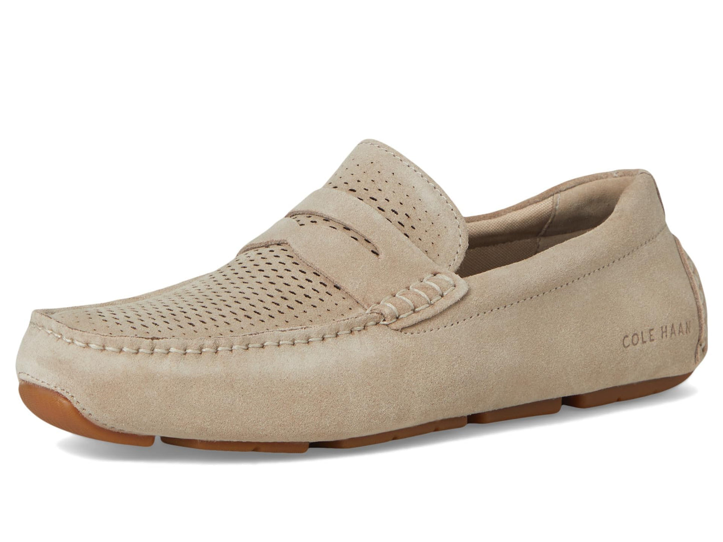 Cole Haan Men's Grand Laser Penny Drivers, Light Sesame Suede/Gum, 8-W US