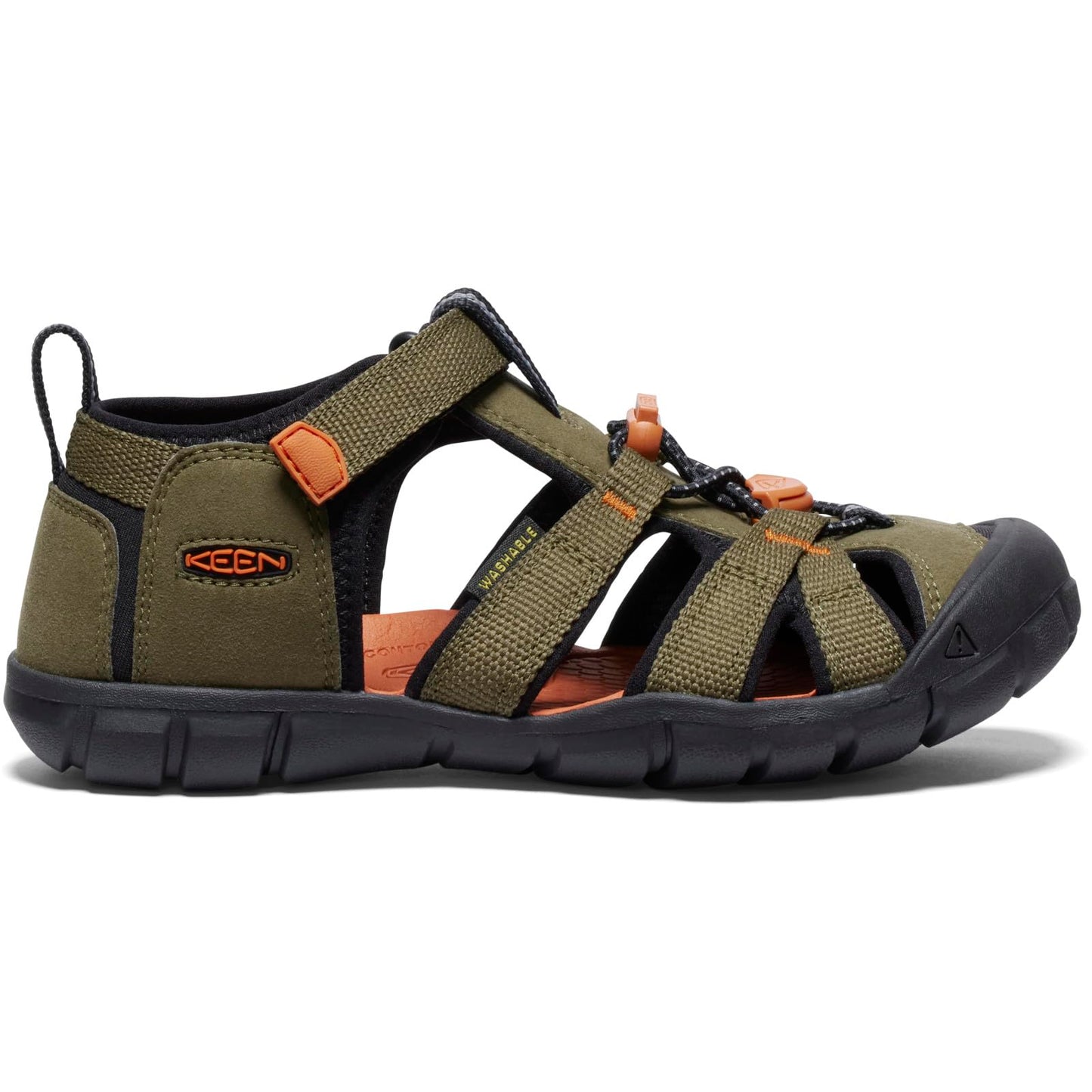 KEEN Unisex-Child-Seacamp 2 CNX Closed Toe Sandals, Dark Olive/Gold Flame, 4 US Big Kid
