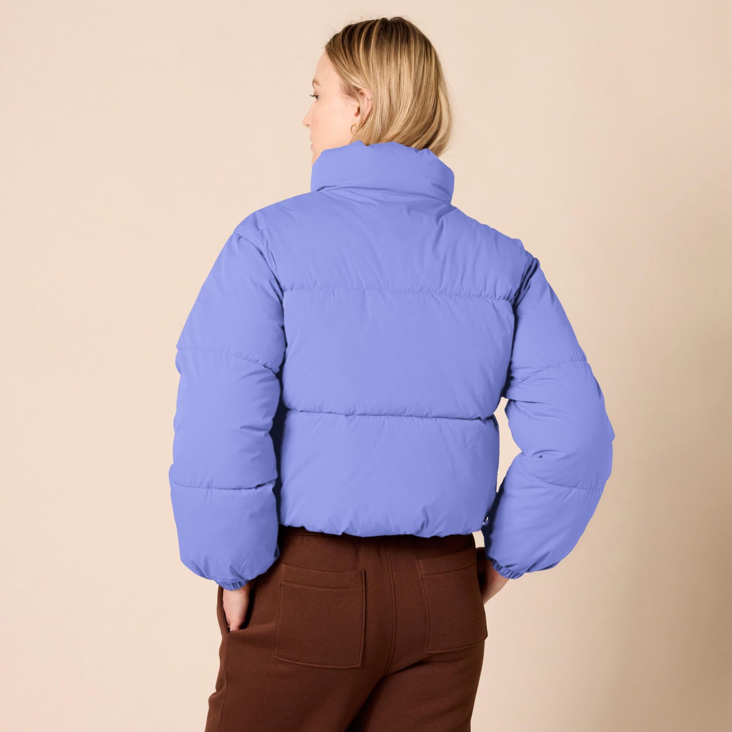 Amazon Essentials Women's Cropped Full-Zip Puffer Jacket (Quilted Matte or Sherpa Fleece), Purple Blue, Large