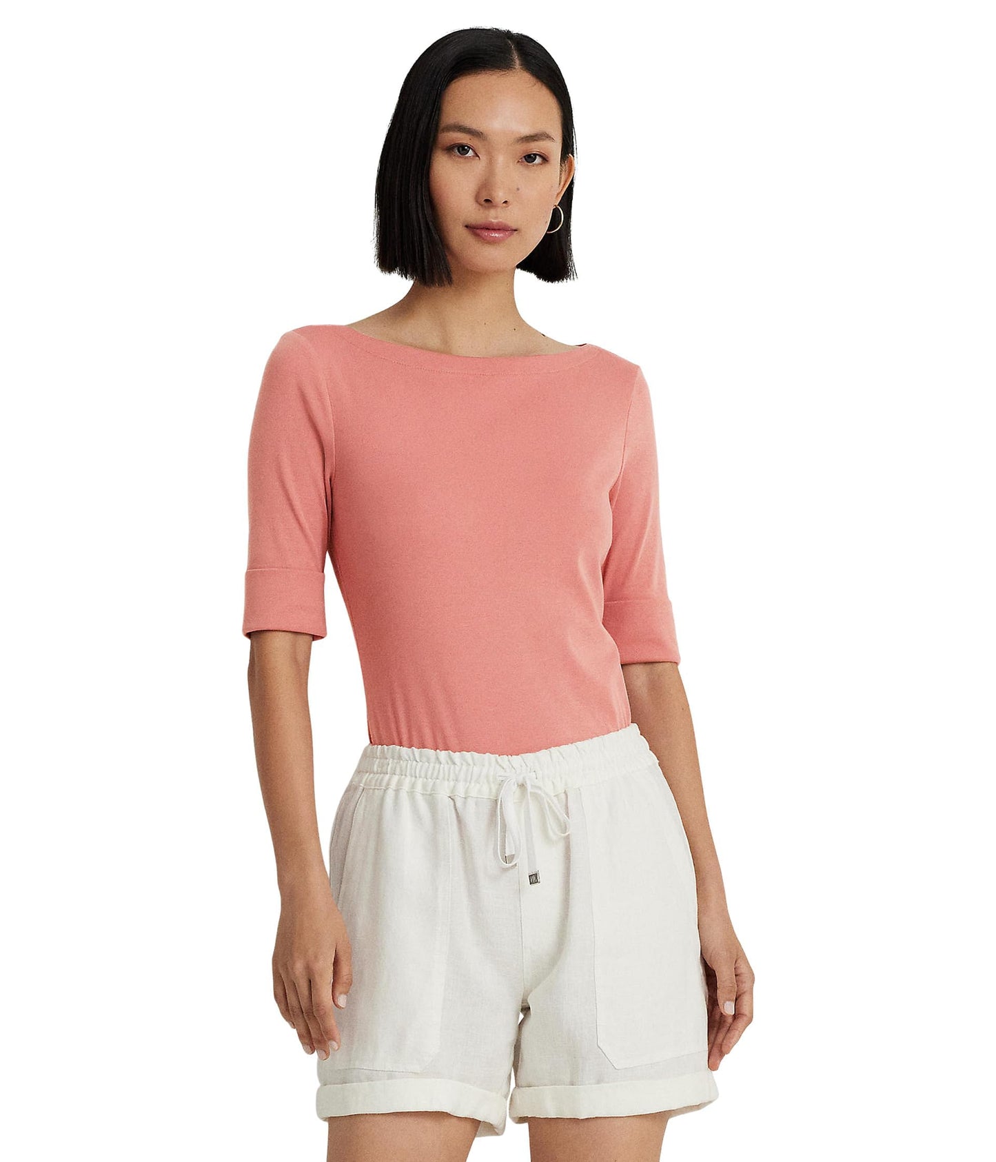 Lauren Ralph Lauren Womens Petite Stretch Cotton Boatneck Top Pink Mahogany PL