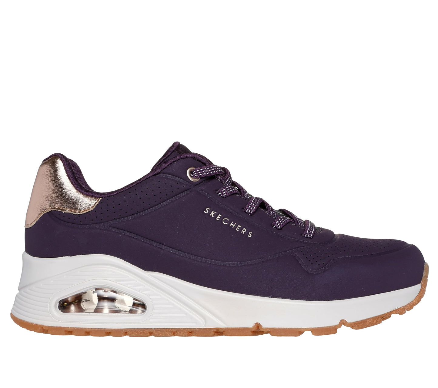 Skechers Women's Uno Shimmer AwaySneaker, Dark Purple Durabuck Rosegold Duraleather M, 8 UK