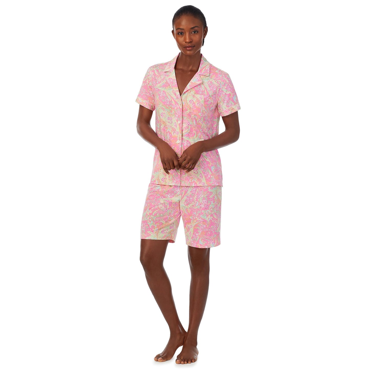 Lauren Ralph Lauren Short Sleeve Notch Collar Bermuda PJ Set Pink Paisley XL (US 16-18)