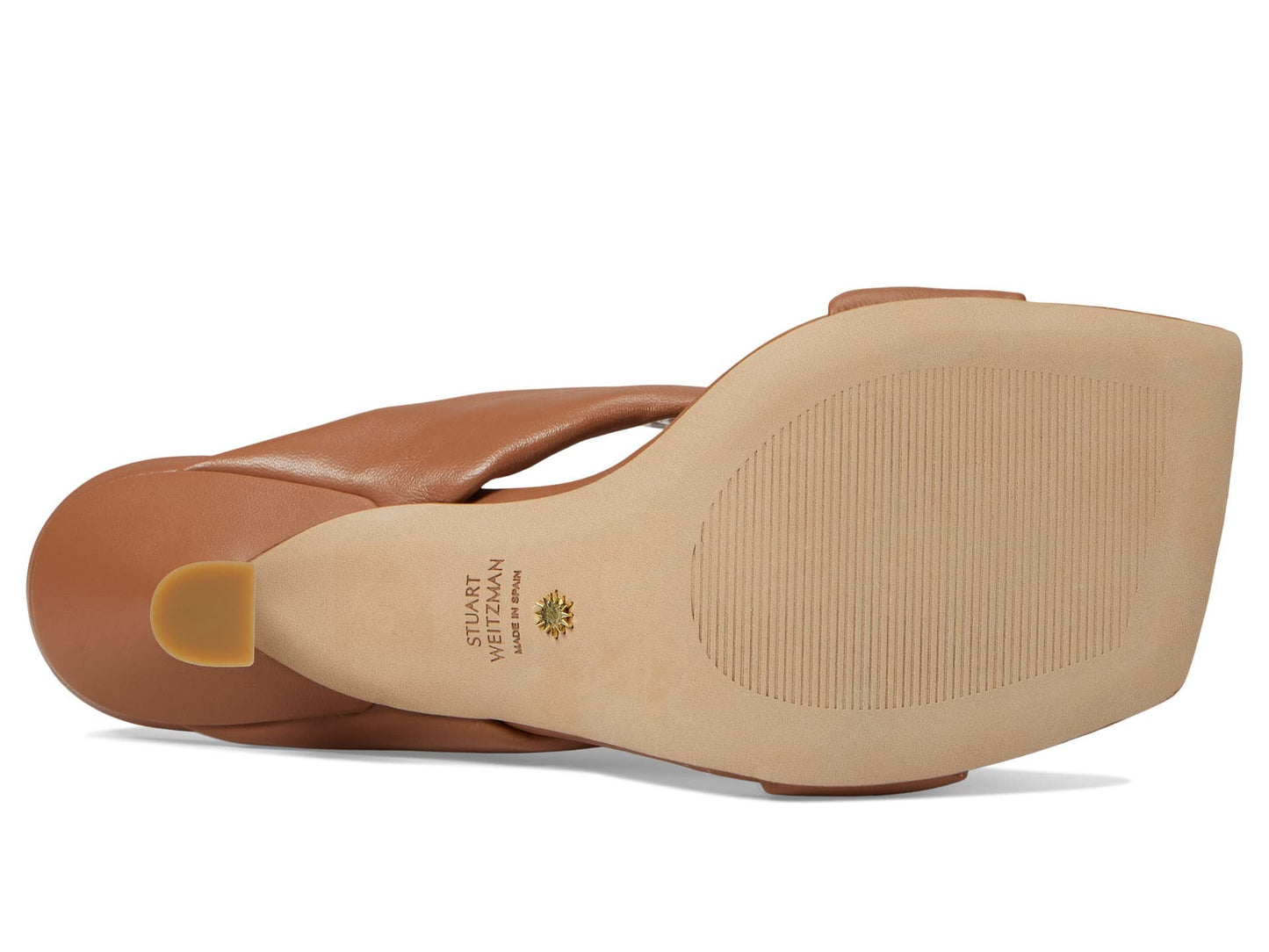 Stuart Weitzman Playa 75 Knot Sandal for Women - Sculptural Heel, Voluminous Knotted Detail, and Lacquered Nappa Leather Footwear Tan 7.5 M