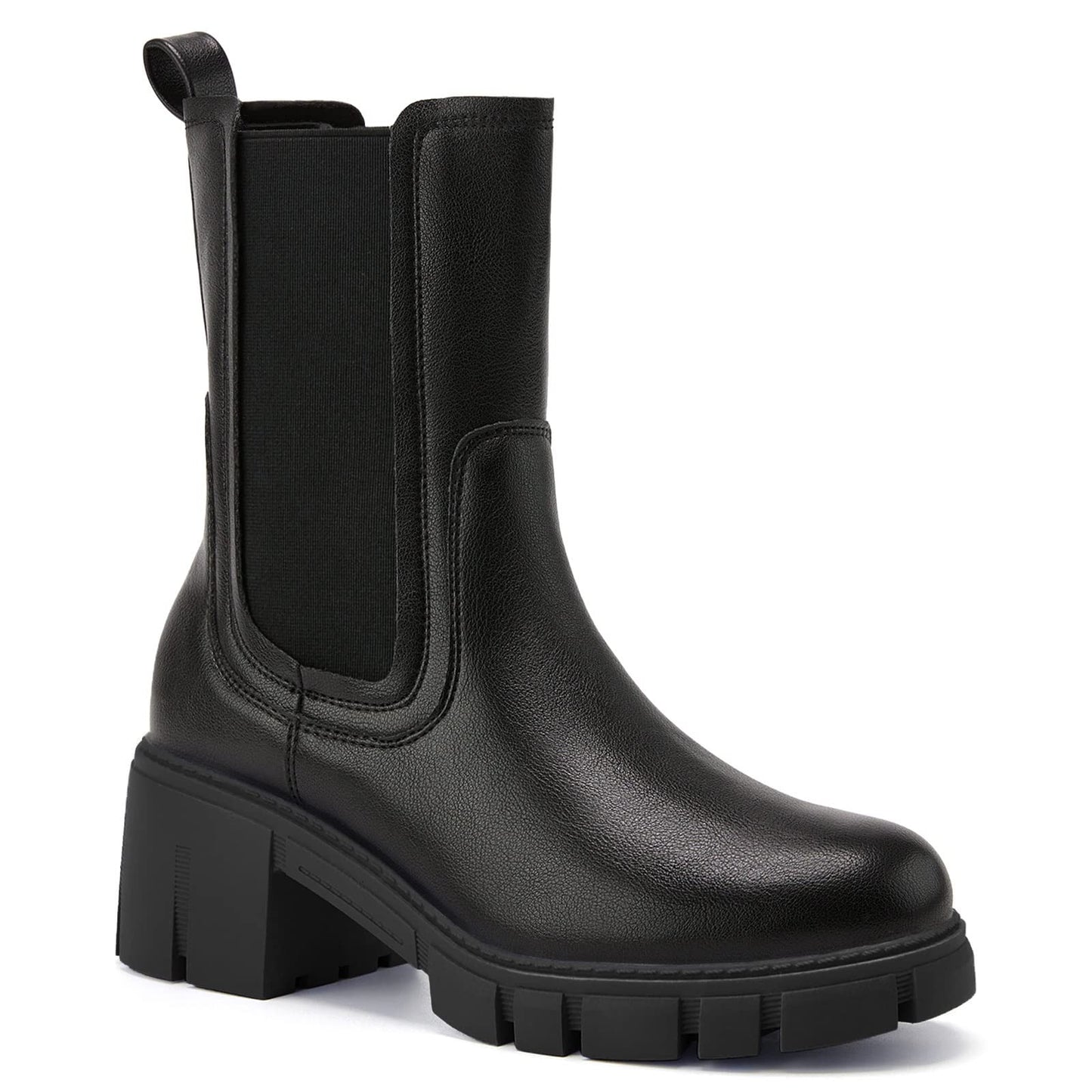 TINSTREE Mid Calf Boots for Women Black, Juniors Platform Dressy Sweater Chelsea Boots Platform Booties with Chunky Block Heels Vegan Black,08