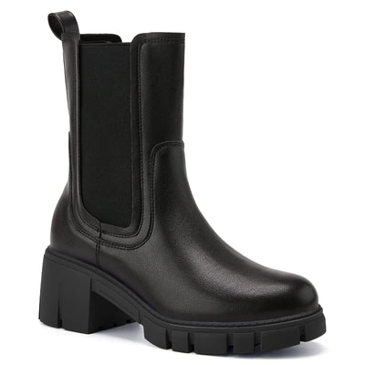TINSTREE Mid Calf Boots for Women Black, Juniors Platform Dressy Sweater Chelsea Boots Platform Booties with Chunky Block Heels Vegan Black,08