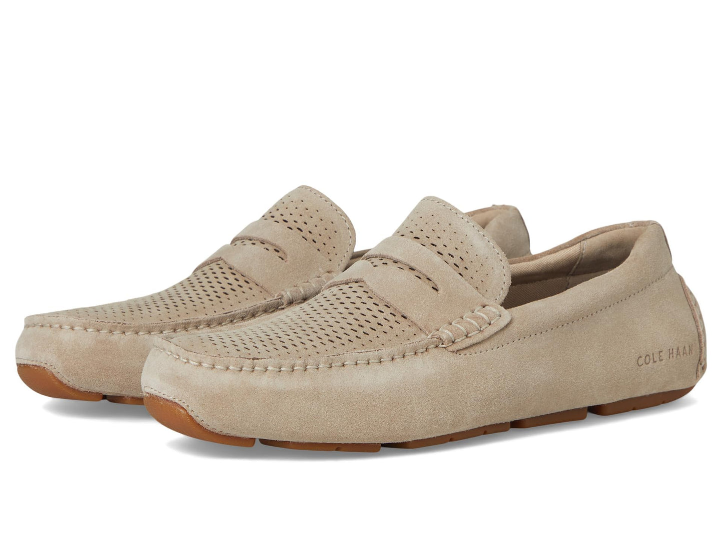 Cole Haan Men's Grand Laser Penny Drivers, Light Sesame Suede/Gum, 8-W US
