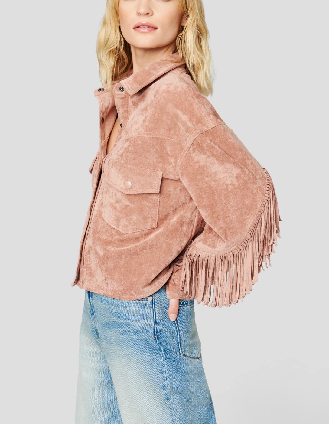 [BLANKNYC] Womens Luxury Clothing Faux Suede Fringe Shirt Jacket, Comfortable & Stylish Coat, Dusty Rose, Medium